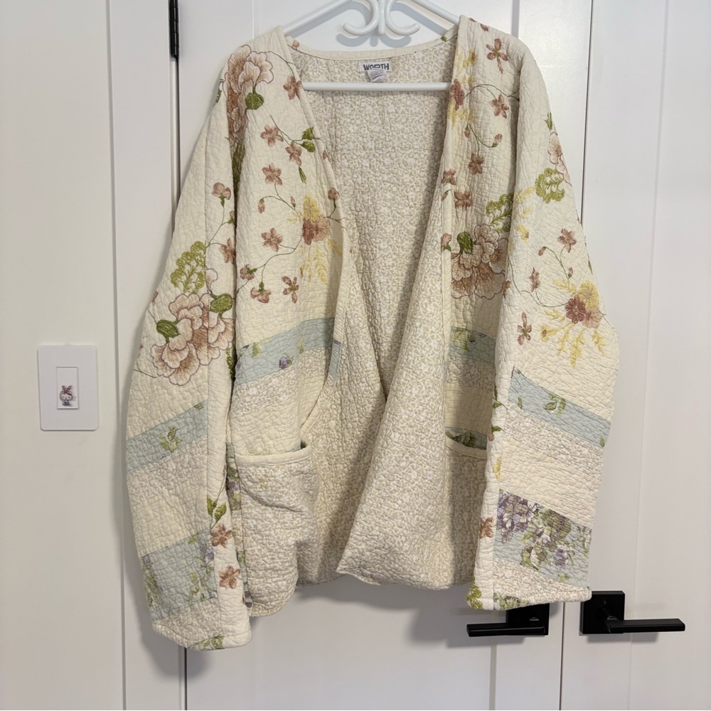 Worth Floral Ivory Cozy Patchwork Quilted Jacket Plus Size XXL 2XL
